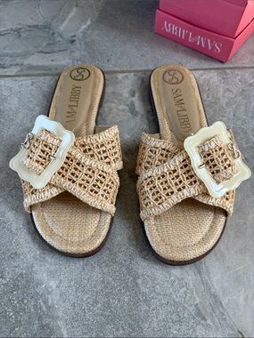 Sam & Libby Natural Woven Slide Sandals with Cream Buckle
